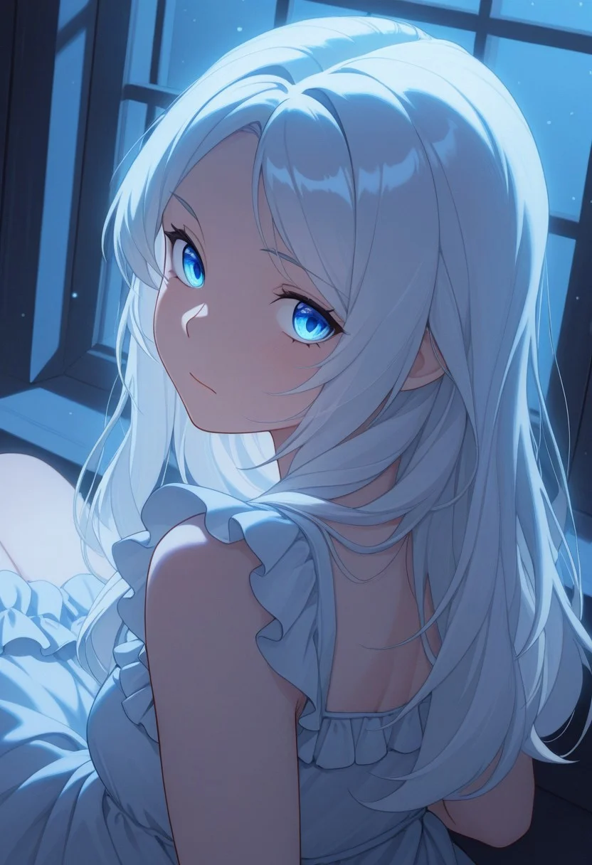 1girl, solo, white hair, long hair, closed mouth, looking at viewer, looking back, frilled dress, sitting, indoors, window, dark, close-up, moonlight, light particles, bloom, sidelighting, cold light, strong light, masterpiece, best quality, amazing quality