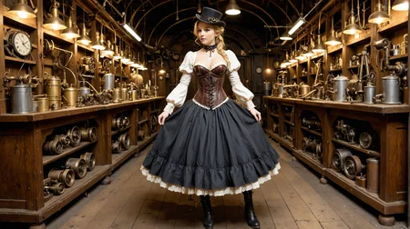 cinematic photo of Stjarna_Dogg, dynamic pose, ([style of Jovana Rikalo, :style of Liam Wong, :0.4]:1.15), [Victorian:steampunk:0.6] setting, adult woman embodying a steampunk aesthetic with a Victorian twist, ((intricate corset design)), holding greasy spout oil can, steel boned corset with brass cogs and gear accents, layered bustle skirt in rich brocade, detailed with copper threading, high-collar ruffled blouse with puffed sleeves, leather gloves reaching just below the elbow, adorned with delicate clockwork pieces, striking leather boots with metal heel detailing, a combination of elegance and industrial flair, hair styled in a sophisticated updo, adorned with miniature steampunk-inspired hat, subtle yet striking makeup highlighting her sharp features, standing confidently in a vintage workshop setting, surrounded by brass and copper machinery, soft glow of ambient gaslights, casting dramatic shadows, the air filled with a sense of adventure and mechanical wonder, her presence a perfect blend of Victorian grace and steampunk boldness, captivating the viewer with a look that's both nostalgic and forward-thinking.,  ooh_me_likey-xl