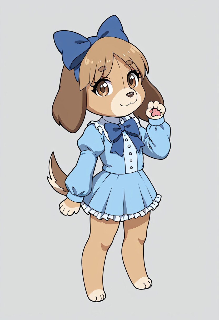 Living Plushie. Furry. No human. Basset Hound. Dog. Female. Chibi. Brown eyes. Tail. Wearing a blue frilly dress. Long sleeves. Puffy sleeves. Head bow. Big bow. Short skirt. Solo. Full body. easynegative. zPDXL3. Cute pose.