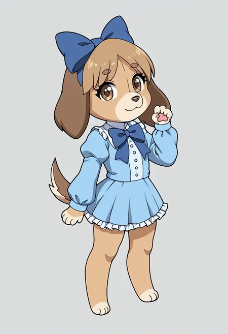 Living Plushie. Furry. No human. Basset Hound. Dog. Female. Chibi. Brown eyes. Tail. Wearing a blue frilly dress. Long sleeves. Puffy sleeves. Head bow. Big bow. Short skirt. Solo. Full body. easynegative. zPDXL3. Cute pose.