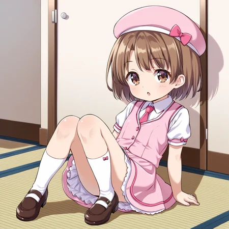 indoors, <lora:Amatsuka_Sakura_IS:1> amatsukasakura, 1girl, solo, brown hair, short hair, brown eyes, necktie, pink headwear, pink hat, pink dress, white vest, necktie, dress, short sleeves, shoes, brown footwear, mary janes, child, chibi