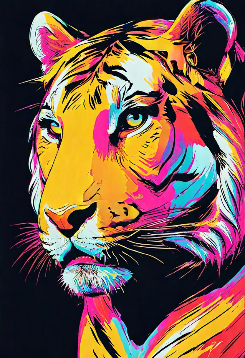 impactful color paint of, a Tiger, highly detailed, vibrant colors , 8k, sharp, professional, clear, high contrast, high saturated, , vivid deep blacks, crystal clear