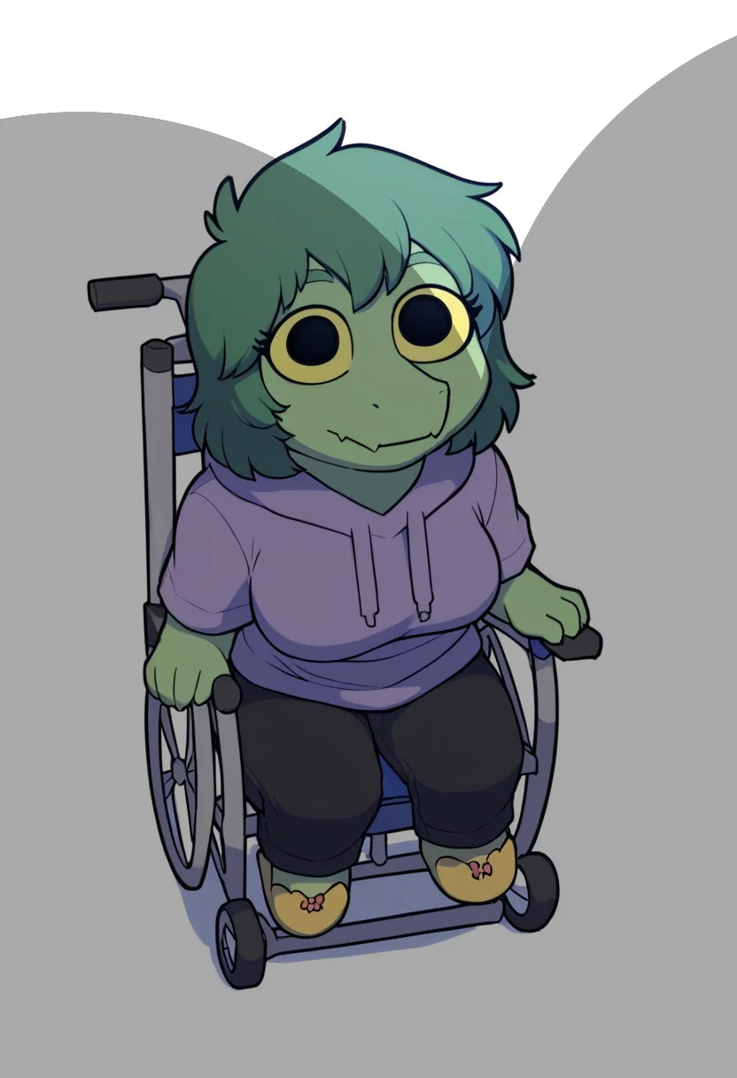 meesh,by meesh,score_9, score_8_up, score_7_up, score_6_up, score_5_up, score_4_up,rating_safe, girl, anthro,olivia halford, baryonyx, ((sitting on wheelchair, sitting)),scalie, green hair, eyelashes, snout, grey eyes,yellow sclera, purple hoodie,black shirt,1girl, solo, shingleshadowmeme,  wide-eyed, solid circle eyes, no mouth, closed mouth, black eyes, ((boob shadow)), shadow, looking up, close-up,full body, simple background, white background, chibi, meme,,black pants, slippers