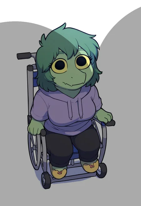 meesh,by meesh,score_9, score_8_up, score_7_up, score_6_up, score_5_up, score_4_up,rating_safe, girl, anthro,olivia halford, baryonyx, ((sitting on wheelchair, sitting)),scalie, green hair, eyelashes, snout, grey eyes,yellow sclera, purple hoodie,black shirt,1girl, solo, shingleshadowmeme,  wide-eyed, solid circle eyes, no mouth, closed mouth, black eyes, ((boob shadow)), shadow, looking up, close-up,full body, simple background, white background, chibi, meme,,black pants, slippers