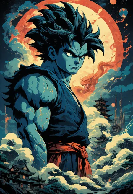 Anime illustration inspired by the four elements of nature, reminiscent of the style of James Jean, the iconic Goku from Dragon Ball navigates a port city setting, depicted in a poster format akin to the detailed atmospheric portraits of John Pitre, combining elements of deathcore and biopunk horror art. The dark and intricate scene unfolds with unique illustrations and precisionist oil painting techniques, incorporating airbrushed mystical landscapes and intricate psychedelic details, all in a palette of dark azure and red, evoking a witchcore aesthetic.