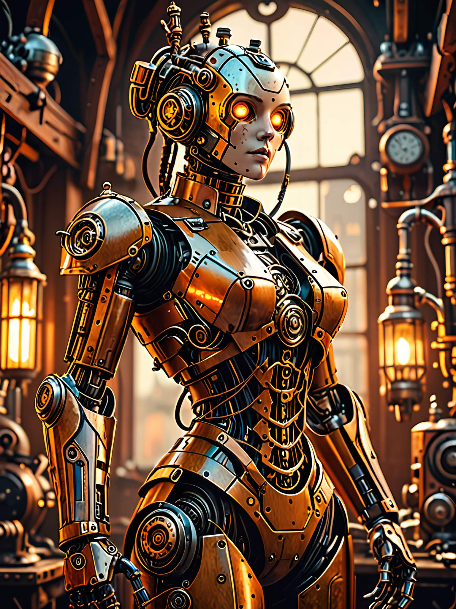 steampunk female robot  <lora:add-detail-xl:1> masterpiece, 8k,warm colors, illustration