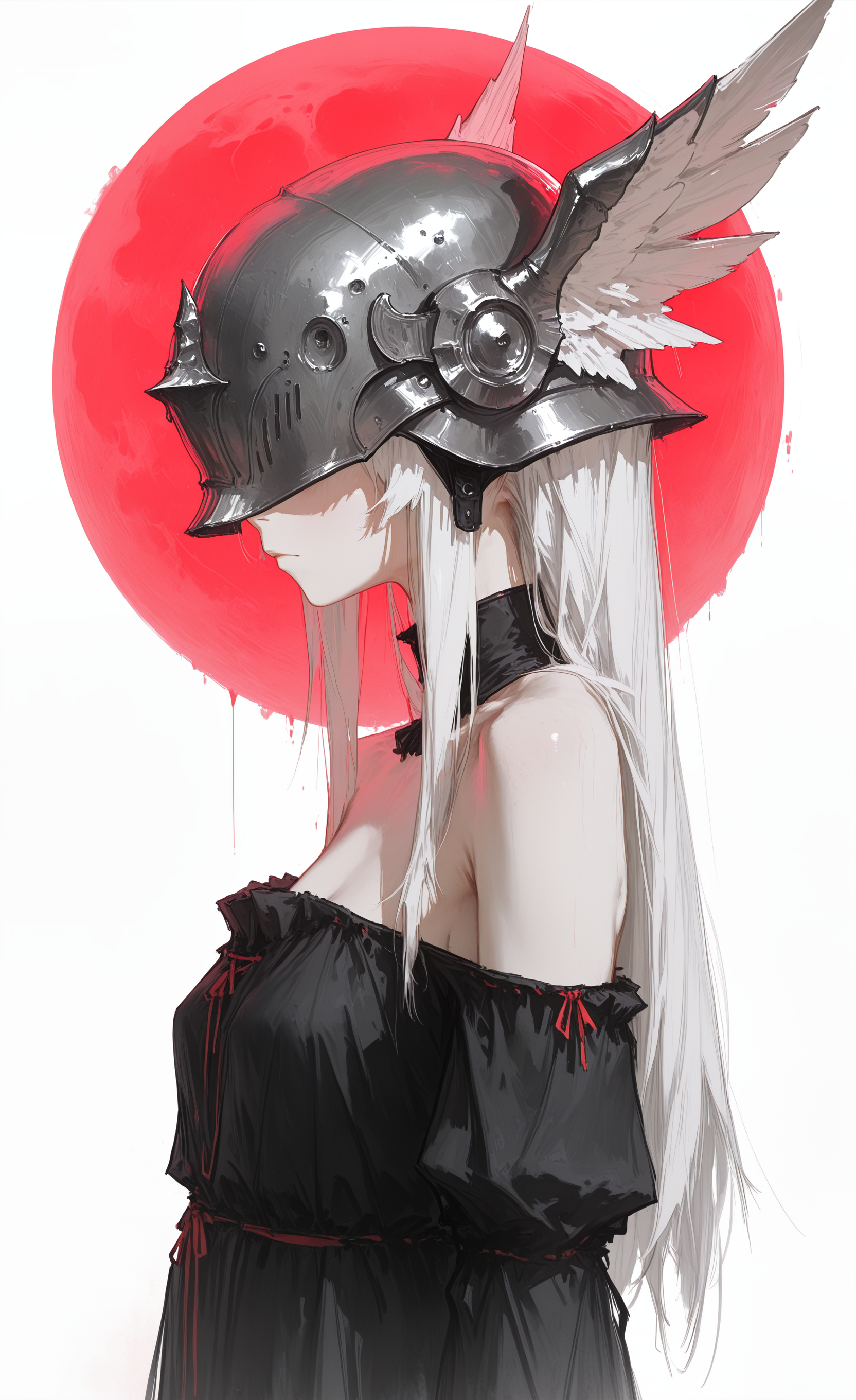 masterpiece, best quality, amazing quality, highres, 1girl, long hair, dress, closed mouth, bare shoulders, helmet, covered eyes, red moon, winged helmet,
white background, upper body, from side, GTHAN, dino_(dinoartforame),
r17329_illu <lora:illustriousXL_stabilizer_v1.23:0.3> <lora:NOOB_vp1_detailer_by_volnovik_v1:0.3> <lora:ponyv6_noobE11_2_adamW-000017:0.45> <lora:r17329_illuu:0.5> <lora:gs_style_ilxl_v1:0.75>
