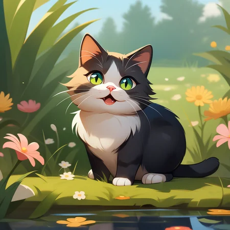 masterpiece,best quality,<lora:bizhi_a3:1>,bizhi, no humans, cat, animal focus, outdoors, animal, black cat, grass, flower, water, looking at viewer, reflection, open mouth, sky, whiskers, green eyes, plant