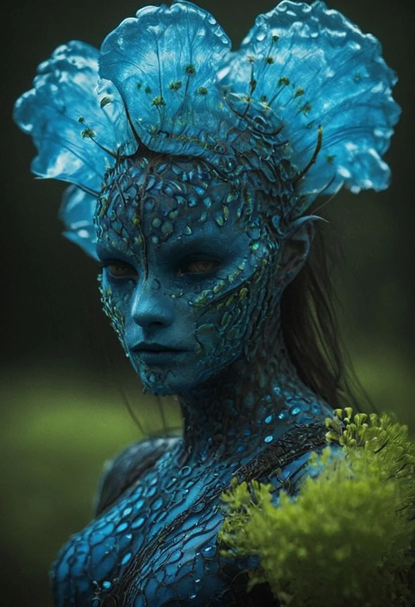 ffarmor, a closeup portrait of a woman in vibrant blue cotton armor with large translucent shoulder-armor resembling beautiful nature carnivorous plant hr giger bubbles, a wendigo roaming through the astral forests geometric leylines dotting the sky, surreal, sharp focus, highly detailed, cinematic, singular background, dramatic light, beautiful, magical atmosphere, professional, elegant, complex, glowing, very inspirational, color, dynamic, appealing, epic, stunning, winning, new, futuristic, great still, ambient, intricate, fine, 
 amidst a nightly flower meadow, looking to the stars above, Nature-cosplay,  ultra detailed, deep Blacks, very detailed, atmospheric haze, Film grain, cinematic film still, shallow depth of field, highly detailed, high budget, cinemascope, moody, epic