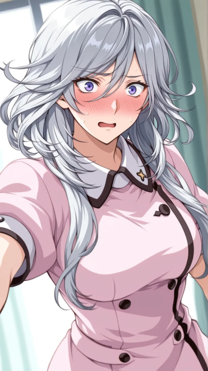 source_anime, general, best quality, masterpiece, 1girl, <lora:Ziony_Regis_ill_v1.0:1> ziony_regis\(srw\),blue eyes, white hair,grey hair, purple eyes,long hair,nurse,flustered, (embarrassed:0.9), dynamic pose, dutch angle,