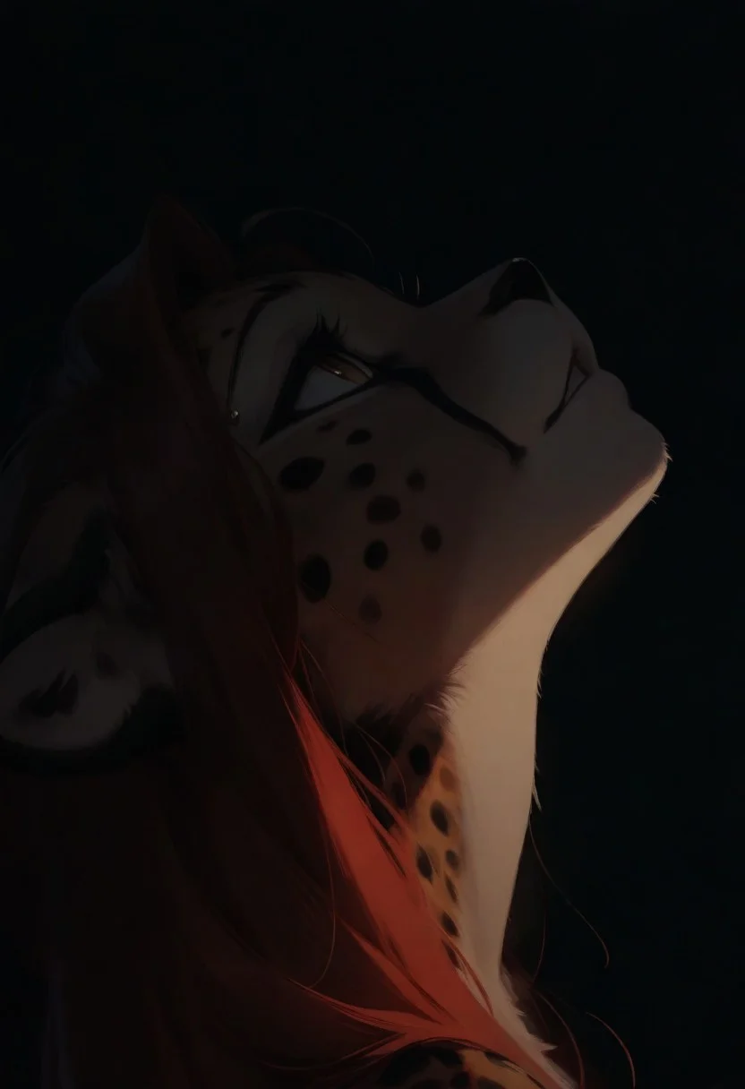 1girl, furry, anthro, cheetah, solo, dark, light, masterpiece, best quality, very aesthetic, close up, red hair, parted lips, looking up, eyebrow piercing,