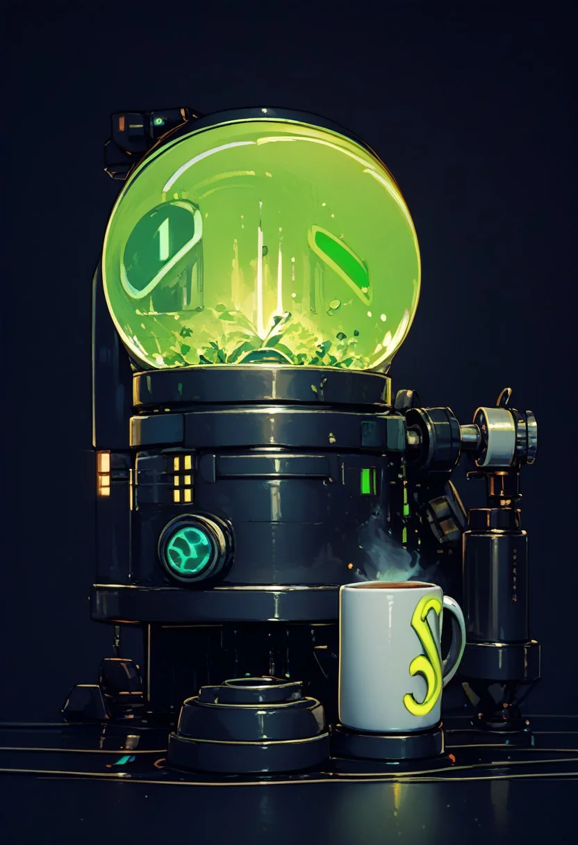 score_9, score_8_up, score_8, 
scifi, zzCitronLegacy,   (coffee machine:1.2), coffee mug, no humans, battery, cylinder, glowing, black background, green glow,