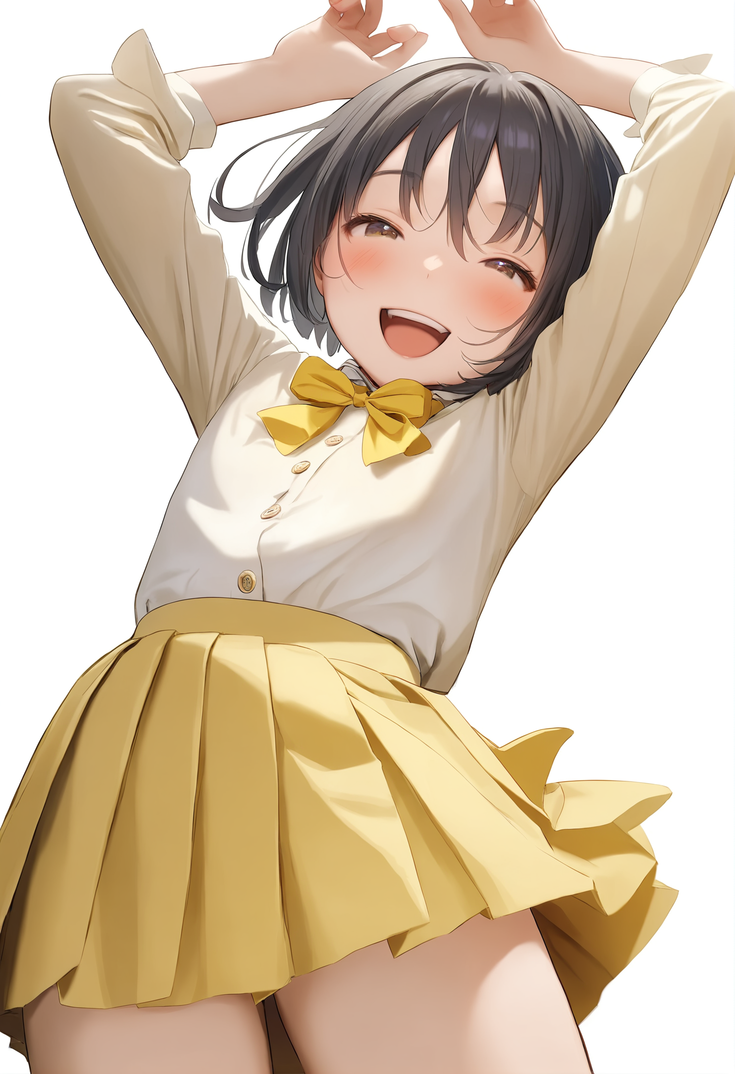 1girl, 
murata range, 
bowtie, yellow bowtie, bow, hair between eyes, buttons, standing, flat chest, bob cut, skirt, arms up, smile, long sleeves, simple background, pleated skirt, yellow skirt, white shirt, cowboy shot, open mouth, ribbon, shirt, white background, school uniform, green ribbon, looking at viewer, short hair, miniskirt, black hair, yellow bow, :d, solo, happy, hair ribbon, blush, 
masterpiece, best quality, newest,  safe
 <lora:murata_range_image737_2024-03-28_a31:1>