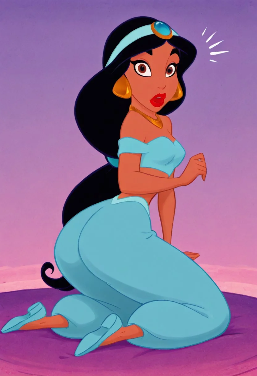 score_9, score_8_up, score_7_up, ultra quality, solo, 1girl, jasmine, black hair, very long hair, brown eyes, lipstick, red lips, make-up, dark-skinned female, blue arabian clothes, jewelry, earrings, necklace, crop top, off-shoulder shirt, gem, blue footwear, surprised, butt focus, breasts, big hips, big butt, bubble butt, curvy, narrow waist, kneeling, looking to the viewer, close up, screencap,