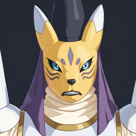 score_9, score_8_up, score_7_up, Expressiveh, masterpiece, best quality, highly detailed, realistic, (zPDXL3), 1girl, solo, (TaomonDT, furry, anthro, canine, fox, white ear tips, facial markings, black sclera, blue eyes, black pupils, black nose, black lips, yellow body, yellow fur, yellow tail, fluffy tail, dipstick tail, white tail tip, black headwear, eboshi, headdress, white shoulder armor, white robe, long sleeves, black belt, purple bottomwear, yin yang, arms down, sleeves past wrists), standing, closed mouth, (teeth), angry, looking at viewer, wide eyes, (black background, simple background), close-up, low-angle view, pixelsketcher, dutch angle