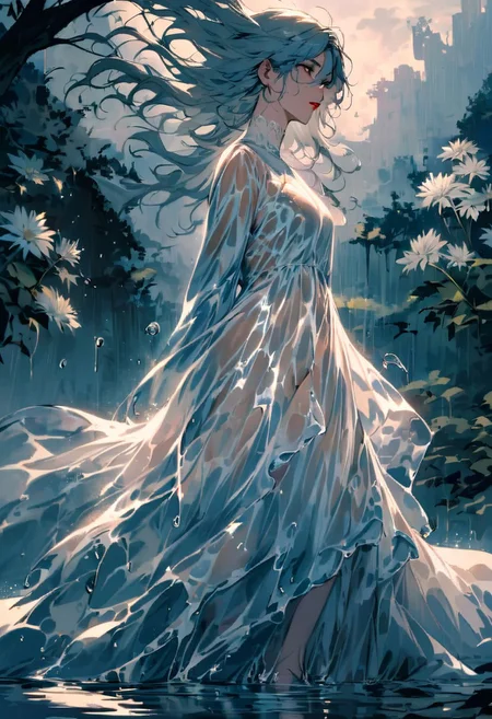 best quality, high resolution, 8k aesthetic,
out of the sun rainstorm sunshine,
A sea of chrysanthemums. A girl wearing a blue lower body, beautiful eyes and stunning red lips. trees with white leaves rest in the background. the cloudy sky breaking to reveal the blue moon. rain is pouring across the landscape as heavy wind blows the white flowers that flood the ground. lightning strikes in the background directly hyper realistic. Epic scene like a dream. Leaves are fluttering around the women. The flute letting out small musical notes that wrap around the female. The world is majestic with wildlife showing up to listen. Deer laying near by watching and listening to the female. As she stands on a river her dress made of beautifully detailed water. Bunnies rest by the river watching her. Beautiful masterpiece of art.. beautiful contrast of the light along the water which has an incredible reflection.tiptoeing. dress made of water on the female. high aspect ratio. beautiful composition. detailed textures.