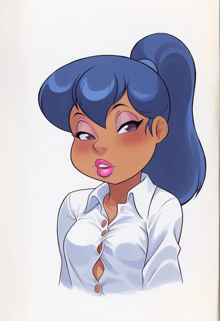 lolilola, blue hair, small breasts, pink lips, makeup. upper body, thick lips, half-closed eyes, white shirt, button-up shirt, ponytail, thick lips