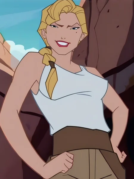 score_9, score_8_up, score_7_up, 1girl, cavern, rocks, sky, detailed background, detailed background, smile, looking at viewer, smile, cowboy shot, (dynamic pose:1.1), dynamic angle, hands on hips, sexually suggestive, from below, navel,
<lora:HelgaSinclair_character:1>,HelgaXLP, blue eyes, blonde hair, single braid, mole under eye, lipstick, white shirt, belt, brown pants, no bra, tank top, anime screencap,