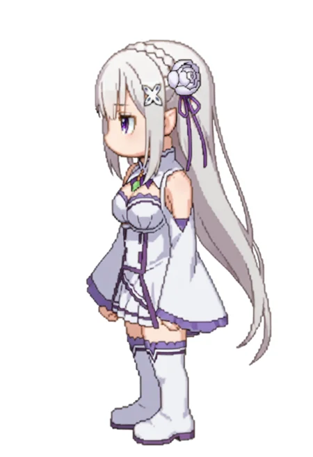 score_9, score_8_up, score_7_up, source_anime,
BREAK
<lora:shiSpriteV3:1.0>, rightwalkright, chibi, full body, looking to the side, from side,
no mouth, medium breasts,
simple background, white background,
1girl, solo, anime screencap, anime coloring,
<lora:shiEmiliaV2:1> shimilia, long hair, grey hair, purple eyes, pointy ears, crown braid, hair flower, hair ribbon, purple ribbon, x hair ornament, white dress, bare shoulders, wide sleeves, white thighhighs, thigh boots,