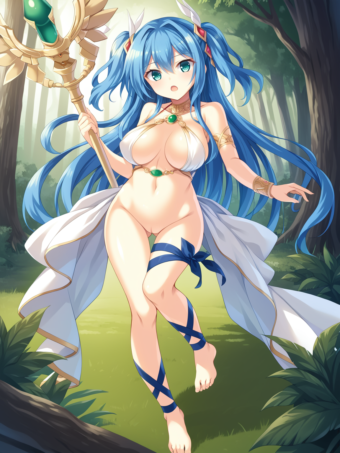 <lora:Escude_-_Yamizome_Liberator_-_All_in_One:1>,escude,ninia,1girl,long hair,solo,breasts,navel,staff,two side up,barefoot,open mouth,blue hair,large breasts,jewelry,bracelet,very long hair,aqua eyes,halterneck,revealing clothes,no panties,outdoors,forest,tree,leg ribbon,, score_9, score_8_up, score_7_up,source_anime,(masterpiece),(best quality),(ultra-detailed),(best illustration),(best shadow),(absurdres),(detailed background),(very aesthetic),source_anime