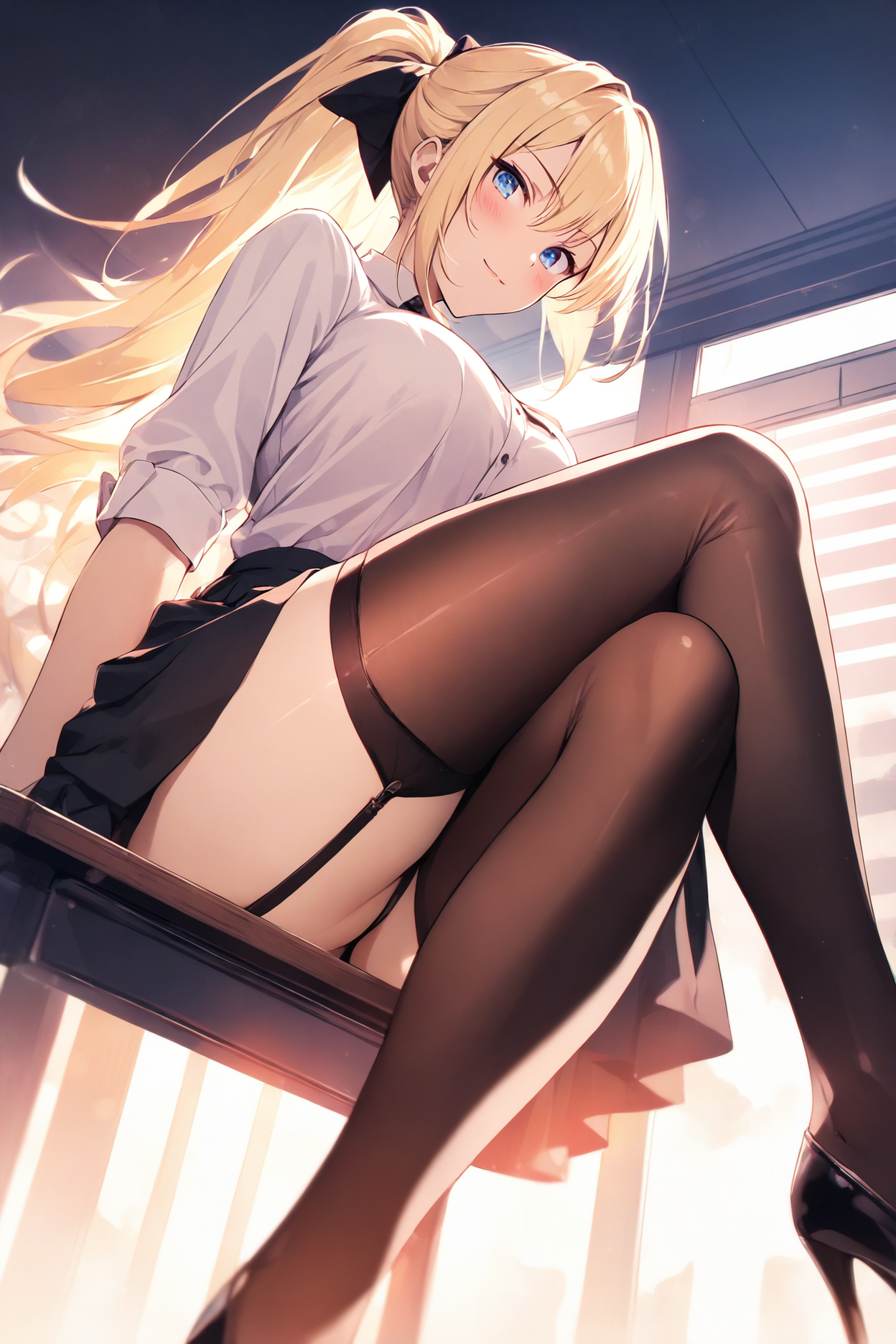 1girl, blonde hair, ponytail, blue eyes, smiling, blush, pale skin, white blouse, black skirt, stockings, garter belt, high heels, sitting on desk, legs crossed, looking at viewer BREAK close-up, dynamic pose, office background, soft lighting, warm colors, shallow depth of field, masterpiece, best quality, absurdres