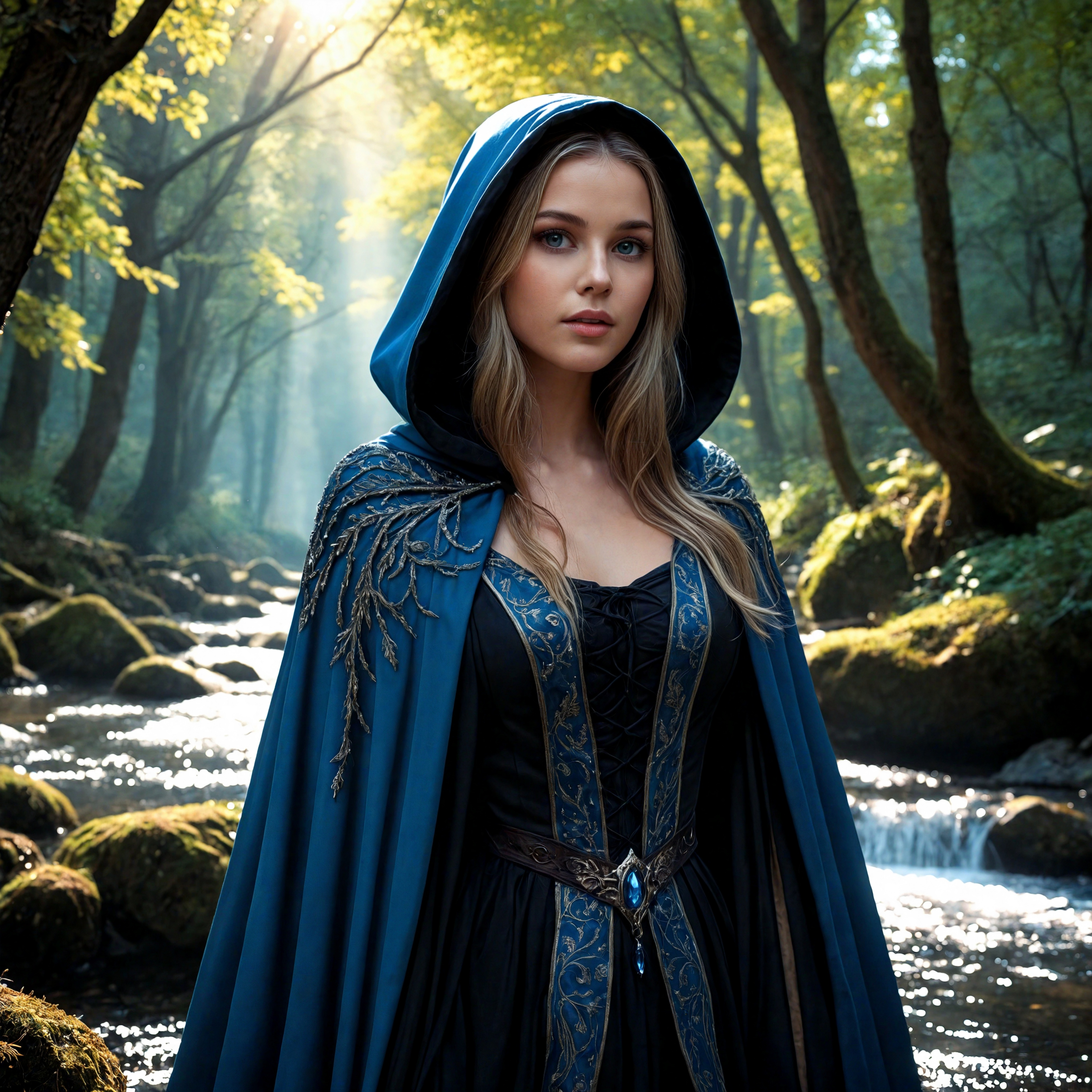 Immerse yourself in a wonderful world as a girl with eyes like two stars filled with light and shining blue and a black hooded cloak, surrounded by towering trees and sparkling streams .Encountering magical creatures and stunning scenery along the way that captures every minute detail of the lady's glowing features, giving the impression that she could step into the past, ultra-sharp focus, feminine clothing, sandy lighting , epic 8k wide angle photography style, shallow depth of field, vignette, highly detailed, high budget, bokeh, cinemascope, moody, epic, gorgeous, film grain, grainy