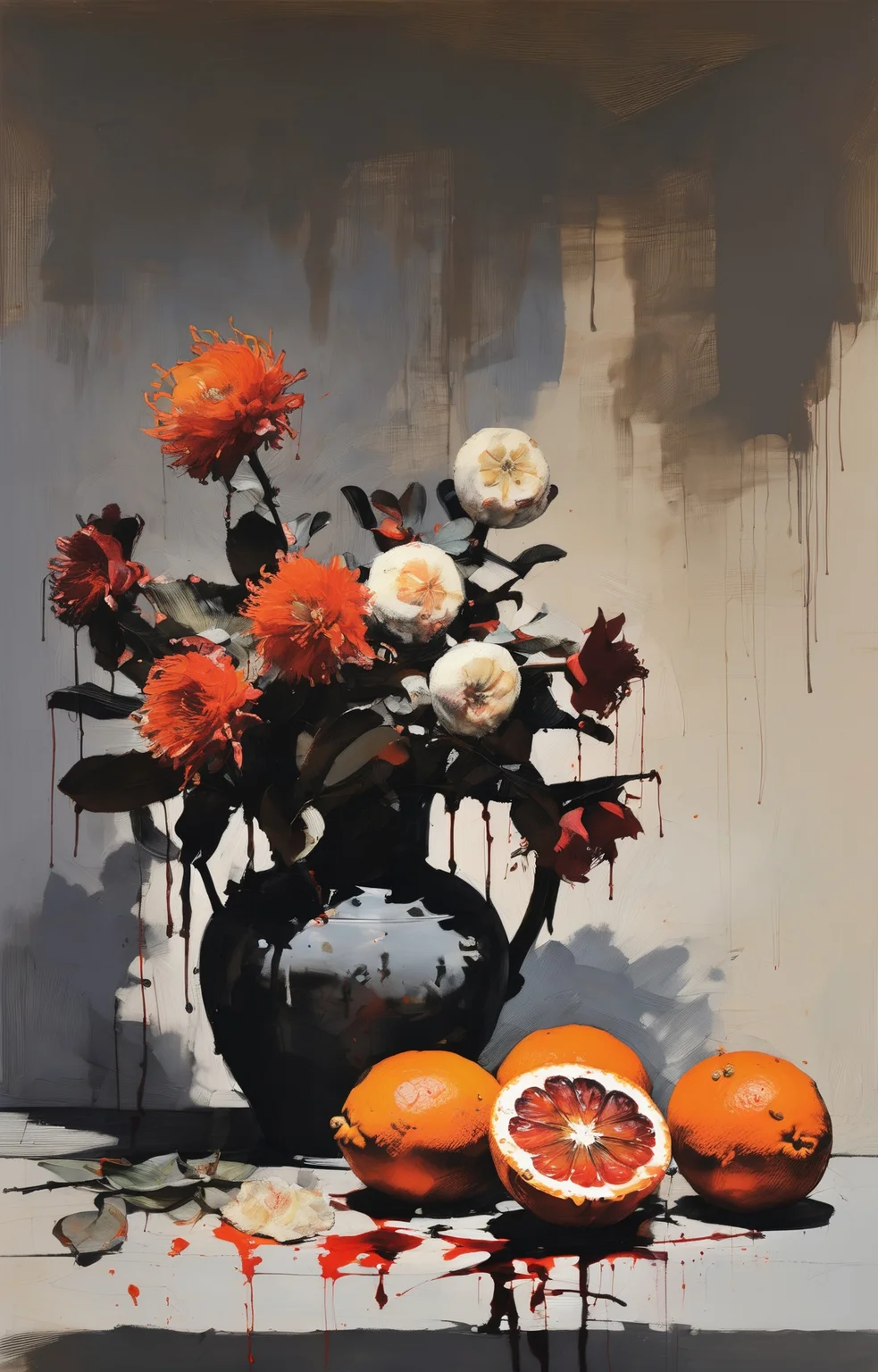 (AshleyWoodArtAI:1.3), illustration, flat 2d, painting of dead flowers and blood oranges, still life <lora:AshleyWoodArtAILccp:1> , heavy brushstrokes, blurred details, occasional burst of vivid color, dim lit setting
