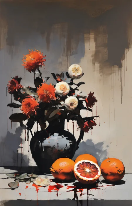(AshleyWoodArtAI:1.3), illustration, flat 2d, painting of dead flowers and blood oranges, still life <lora:AshleyWoodArtAILccp:1> , heavy brushstrokes, blurred details, occasional burst of vivid color, dim lit setting