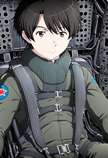 high resolution, solo, best quality, 1Boy, Inaho Kaizuka, Black Hair, Pilot, Cockpit, Jet Fighter, OverallDetail