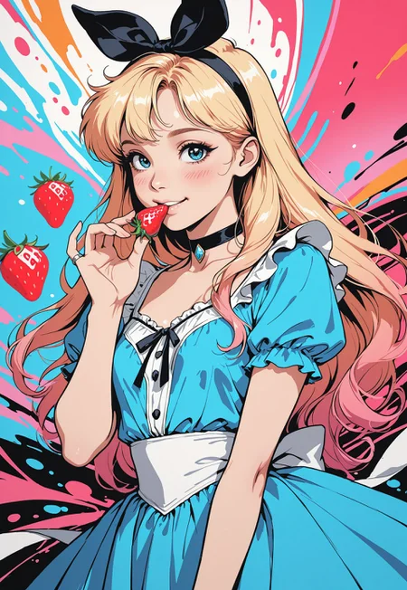 masterpiece, high_quality, highres, flat_colors, gradient, retro_colors, sketch, ribbon_tied_blouse, age_24, choker_with_gem, long_lashes, alice_in_wonderland_dress, blush_smile, looking_at_viewer, ink_splash, rings, abstract, dynamic_angle, cinematic, eating_strawberry, joy, 
