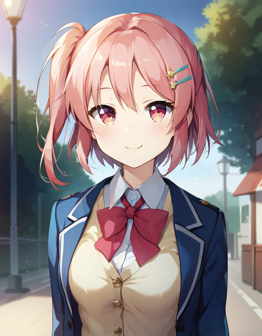 score_9,score_8_up,score_7_up,score_6_up BREAK official art,solo,outdoors,smile,upper body,(portrait:1.5),looking at viewer,facing viewer,Shindou Ayane,short hair,pink hair,one side up,hair ornament,hairclip,sidelocks,hair between eyes,parted bangs,pink eyes,school uniform,blue jacket,blazer,wing collar,open jacket,red bowtie,yellow cardigan,collared shirt,white shirt,medium breasts,skindentation,long sleeves,blue skirt,plaid skirt,pleated skirt,white socks,loafers,<lora:Shindou Ayane(ksak)-Pony:1.3>,<lora:Smooth Anime Style LoRA XL:0.8>,