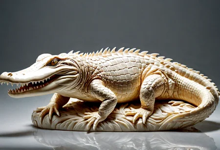 ivory_carving_style, beautiful picture of a crocodile, made out of delicate and fragile fine original ivory material, whole body, masterpiece, flawless, elegant, vibrant details, (expansive view:1.4), (clear outlines:1.4), (ultra detailed:1.4), 64K, (high contrast:1.4), award winning, stunning, beautiful composition, clean sharp focus, SFW, realistic
