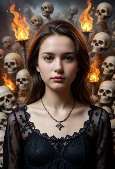 1girl, black dress, no pattern dress, Hd, high quality, ultra realistic, detailed, slimes_skullwm, made of skulls, flaming skull background, light smile, PG, no teeth, portrait, looking afar, stoic, brunette, beautiful, necklace,
