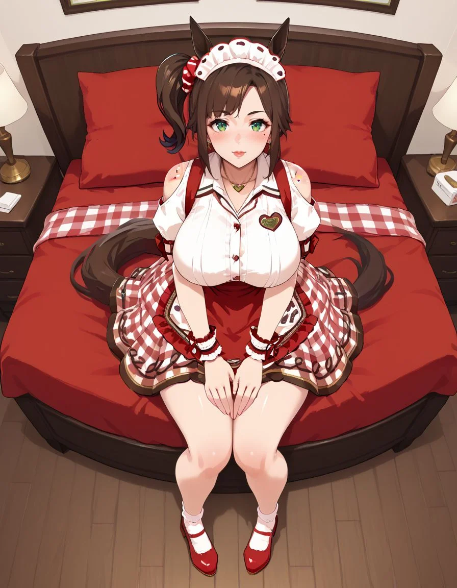 <lora:Ines_fujin_v1.0_Cibitai:0.7>, I_FUJIN,ines fujin,side ponytail,blunt bangs,asymmetrical bangs,brown hair,green eyes,freckles,horse girl,horse ears,horse tail, IF_B , necklace,maid headdress,white shirt,heart on chest,short sleeves,shoulder cutout,red apron,frilled cuffs,waist apron,red ribbon on rear waist,red skirt,gingham skirt,white drawers,red shoes,ankle socks,bedroom,indoors,,full body, sitting, legs together,high angle, view from front, <lora:Ultimate_Milf_XL:1>, Mature Female, Milf, tall girl,, , score_9, score_8_up, score_7_up, score_6_up, rating_explicit, looking at viewer, 1girl, huge breasts, thick thighs, blush, wide hips, narrow waist,