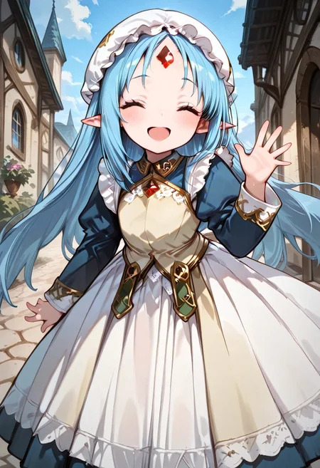 masterpiece, best quality, good quality, very awa, very aesthetic, absurdres, newest, gr4ph1t3, beautiful eyes, perfect eyes, detailed eyes, 1girl, solo, eset_kalar_il ,pointy ears,blue hair,long hair,red gem forehead,, Victorian style maid clothes, full sleeves, long apron, classic, maid mob cap, looking at viewer, happy, open mouth, closed eyes, very cute, blush, heartwarming, waving hand, motion lines, closeup, outdoors, intown, fantasy