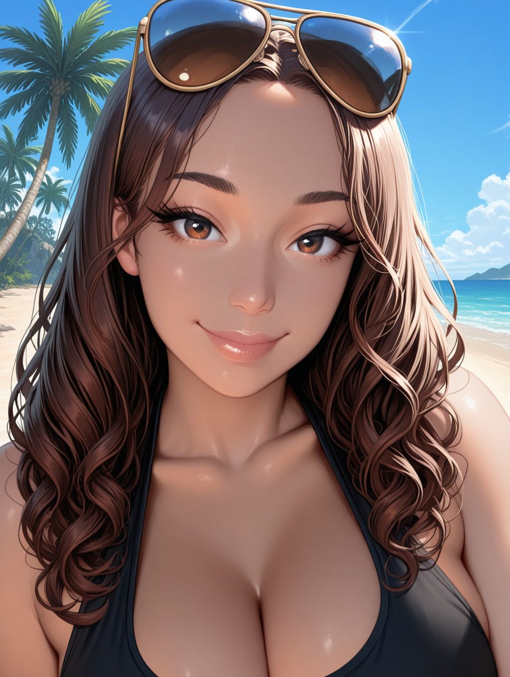 1girl, portrait, tanned skin, lips, thick lips, looking at viewer, aviator sunglasses, eyewear on head, long eyelashes, brown hair, long hair, hair around ear, curly hair, parted bangs, smile, eyewear lift, happy, black tank top, cleavage, large breasts, collarbone, beach background, sea, palm tree, dynamic pose, dynamic scenery, dynamic weather,
masterpiece, best quality, amazing quality,