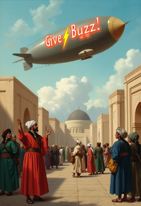 The scene is a wide square in an Arabian city during the Ottoman Empire, as depicted in a 19th-century Orientalist oil painting by Jean-Leon Gerome. The painting depicts a large steampunk dirigible or zeppelin hovering in the sky above the city. The people in the foreground are looking up at the dirigible and gesturing toward it. The men and women in the foreground are dressed in colorful Arabic clothing. The buildings in the background feature traditional Arabic architecture with geometric details around the doorways and windows. The men and women in the painting are in focus and the distant dirigible is out of focus. On the side of the dirigible, the words “Give Buzz!” appear in bright neon lights along with a yellow lightning bolt symbol.