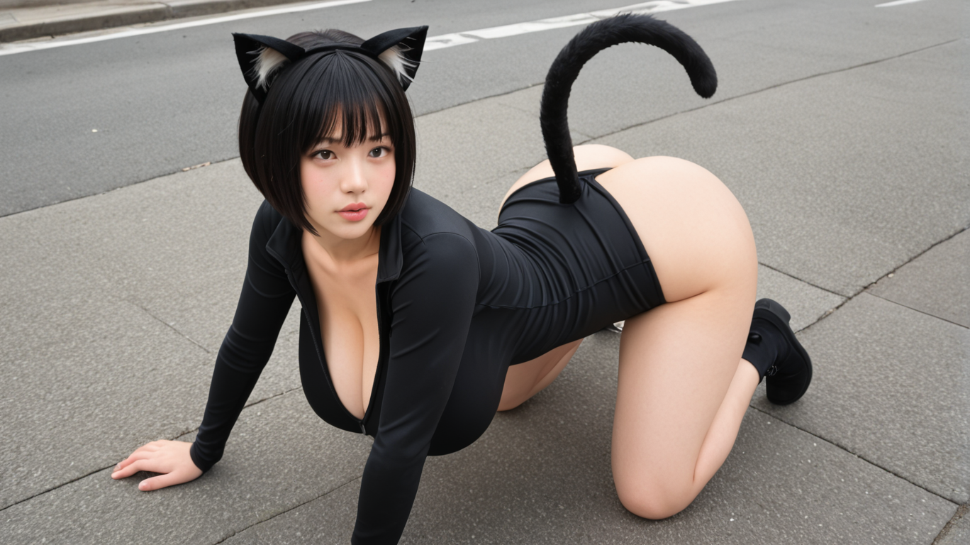 1girl, huge breasts, black hair, short hair, cat suits, cat ears, cat tail, all fours, on street