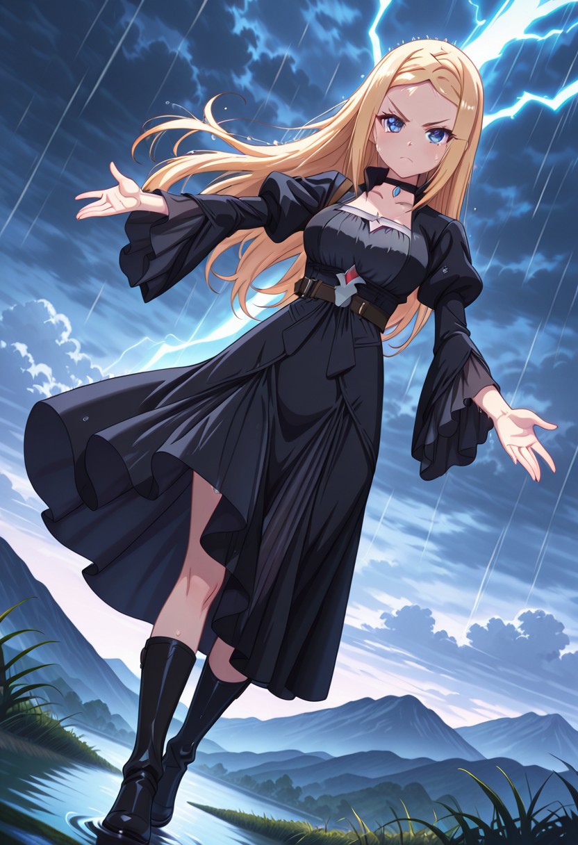 masterpiece, best quality, amazing quality, dynamic view,  solo, dynamic view,  solo, 1girl, masterpiece, best quality, bokeh, luminescent background, 
( elsanotis,, 
 blonde hair, long hair, blue eyes, black choker, sidelocks, small breasts,
, dress, gothic dress, black dress, long sleeves, belt, black boots, jewelry,,
 )
outdoors, storm, (rain:1.2), cloudy sky, dark clouds, lightning, wind, spread arms, outstretched arms, full body, dutch angle, cleavage, , scenery, mountainous horizon, wet clothes, wet, wet hair, looking at viewer, wet dress, see-through dress, v-shaped eyebrows, closed mouth