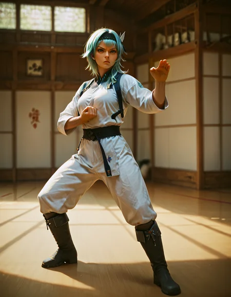 score_9, score_8_up, score_7_up,
clenched fist,hand up,shuto uke fighting stance, eula,on side, one leg ahead,
serious, focused,looking at viewer,
facing viewer,
armor, thighboots,
dojo  background,
 <lora:shuto-uke:0.8>