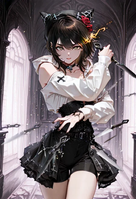 masterpiece, newest, absurdres, best quality, amazing quality, very aesthetic, ultra-detailed, highly detailed, BREAK 1girl, solo, asian, ku-mi, black hair, pointy ears, forearm tattoo, dark brown eyes, small breasts, black hair, choker, medium hair,Gothic style, white hoodie, inverted cross, lace high collar, black corset vest, black fishbone skirt, black shorts, black Mary Jane shoes, cross necklace, black bell-shaped hat, rose brooch, belt, sleeves with black cross pattern, BREAK depth of field, ambient occlusion, (diffuse glow:0.2), cinematic lighting, detailed background, close-up, indoor, interior, room,  dagger_cloud_(magic), floating dagger, spinning wind, magic dagger, dynamic pose, many dagger, magic, glowing, spinning dagger, cowboy shot, black background, looking at viewer, collarbone, bare shoulders, bare thighs, eye trail,GF-Illu, holding dagger, detailed arms, detailed hands, two arms, detailed face, flaming eyes