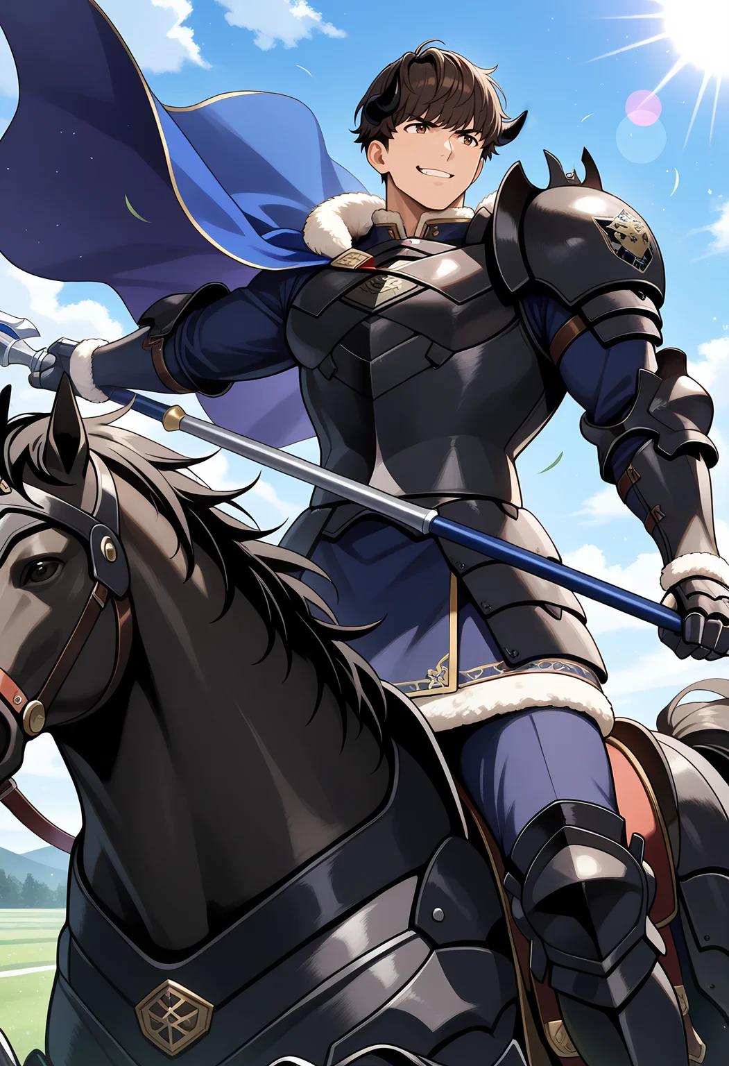 masterpiece, best quality, newest, absurdres, 1boy, male focus, solo, horseback riding, armored horse, black horse, holding polearm, dynamic pose, BREAK
<lora:Berkut_Illustrious:1>, b3rkut_fe, brown hair, bangs, short hair, brown eyes, black horns, BREAK
muscular male, bodybuilder, large pectorals, (huge pectorals), hyper muscle, broad shoulders, hyper pectorals, small waist, BREAK
black armor, fur trim, blue cape, pauldrons, shoulder armor, gauntlets, pants, BREAK
smirk, manly, handsome, macho, hunk, masculine, anime, BREAK
outdoors, fields, day, volumetric lighting, light particles, lens flare