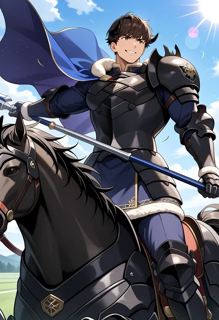 masterpiece, best quality, newest, absurdres, 1boy, male focus, solo, horseback riding, armored horse, black horse, holding polearm, dynamic pose, BREAK
<lora:Berkut_Illustrious:1>, b3rkut_fe, brown hair, bangs, short hair, brown eyes, black horns, BREAK
muscular male, bodybuilder, large pectorals, (huge pectorals), hyper muscle, broad shoulders, hyper pectorals, small waist, BREAK
black armor, fur trim, blue cape, pauldrons, shoulder armor, gauntlets, pants, BREAK
smirk, manly, handsome, macho, hunk, masculine, anime, BREAK
outdoors, fields, day, volumetric lighting, light particles, lens flare