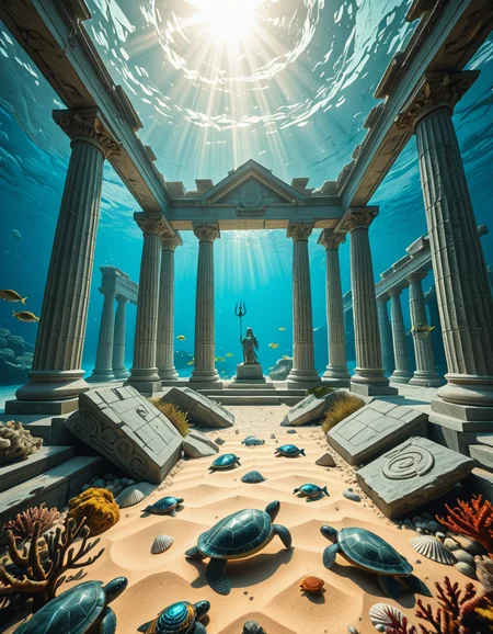 An ancient underwater Temple of Poseidon, partially buried in sand and coral at the bottom of the Aegean Sea. Massive marble columns, some broken, others still standing, encrusted with seashells and marine life. Soft sunlight filtering through the ocean surface above, casting shimmering rays over the temple ruins. Colorful fish and sea turtles swimming peacefully around. The atmosphere is mystical and serene, with a bluish-green hue dominating the scene. A statue of Poseidon with a trident stands at the center of the temple, covered in algae and marine growth. Realistic style, high detail, cinematic lighting, wide-angle view.
<lora:SDXLFaeTastic2400:0.4> <lora:extremely_detailed:0.4> extremely detailed,underwater Temple of P0s31d0n, <lora:underwater_Temple_of_P0s31d0n-i:1>, Masterpiece,best quality,hi res,8k,hi res,8k,award winning,(sharp focus, intricate, highly detailed),