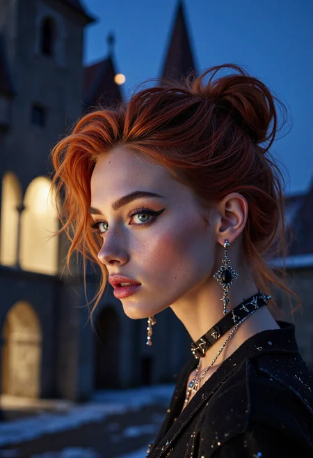 Real life profile photo featuring young slender czech woman, 19yo, with hypnotic light blue downturned eyes and wide lips with an interested look on her face. She has messy fiery red updo hair and goth makeup featuring shades of black and bold mascara with glossy lipstick, with matching a necklace and earrings. Set on an european castle visit with authentic medieval walls, towers and stone arches, on a dark clear winter night. With flash neon prismatic, rainbow, lighting, dramatic, highly detailed, looking like elsa and avril lavigne <lora:flux_skinny_slider>