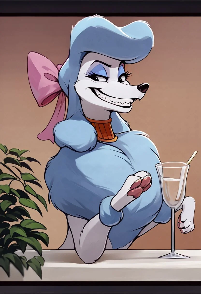 score_9,score_8,score_7,source_furry,
<1girl:1.5>,
<solo:1.5>,
georgette_oliver, georgette_poodle, 1girl, solo, furry female, furry, smile, bow, pink bow, hair bow, cup, letterboxed, parody, plant, grin, breasts, jewelry, style parody, upper body, teeth, poodle_girl, feral, dog, canine, poodle, sfw, safe,meme, Grimace,
detailed,
4k,
8k,
full hd,