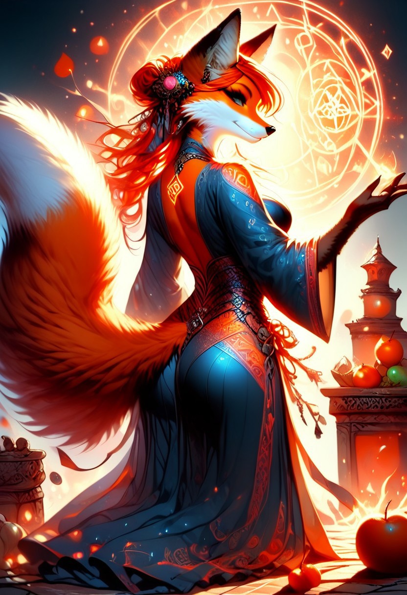 score_9, score_8_up, score_7_up, dancing dynamic pose,large breasts, slim waist, red hair, solo, anthro,fox,female,foxfolk,(red and orange fur, thick fur:1.3, extreamly detailed fur, soft fur), slim waist, peach ass, sorceress, cleavage cut out, magical robes,Glowing runes on robes,bare food, Glowing Runes ,Glowing Rune Circle,  dynamic angle from back, looking back at viewer,full body image,magical athmosphere, realisitc,