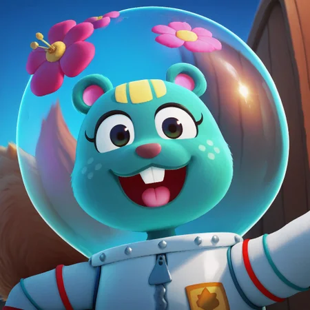 score_9, score_8_up, score_7_up, score_6_up, score_5_up, score_4_up, easynegative, undersea background, ocean, 1girl,solo, /Nibbles (Animal Crossing/), squirrel, green fur, light green freckles, tail, pink inside ears, looking at viewer, bubble helmet, space suit, flower on helmet, smiling, mouth open
