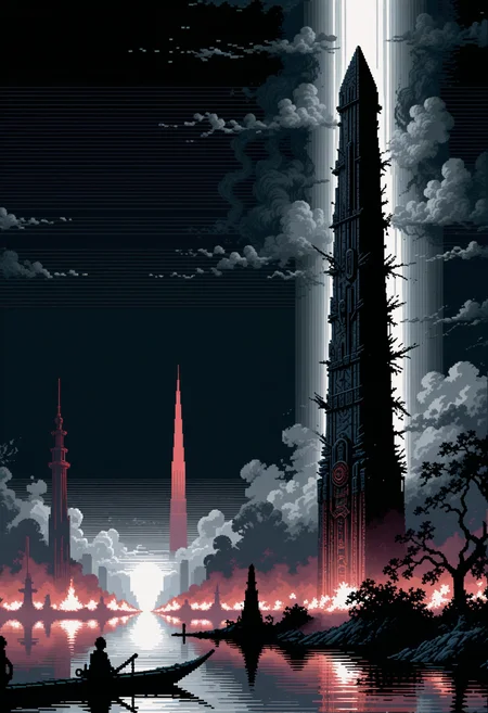 A 16-bit minimalist pixel-art featuring a dystopian remnant of a monolithic obelisk towering the scene. The anomalous structure is made from old machinery, that seems to be operational, with its mechanical arms moving, while exhausting heavy plumes of dark smoke. Set in the vast depths of a dilapidated shrine of unknown origins with ornate pillars at a distance of the monolith. The scene is enshrouded in a dense fog, giving off a subtle, foreboding glow, adding to the scary mood. Suspense lingers in the scene. The pixel-art 's style is low-res, grid-based and pixelated, featuring texture mapping techniques as well as retro graphics. The color theme is defined by limited tones contrasting starkly against each other. <lora:dmd2_sdxl_4step_lora> <lora:xl_AnimeSythenticV1.1>