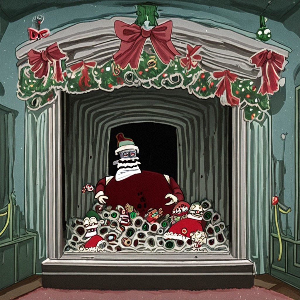 Children hiding from Santa, inside, Christmas decorations, horror, ominous